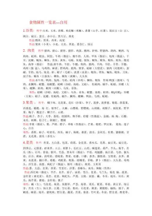 食物属性一览表---自用