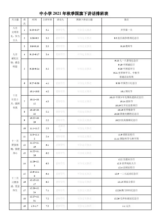 中小学秋季国旗下讲话排班表及要求