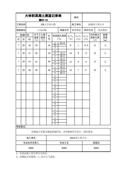 施工记录-大体积混凝土测温记录表表C5-14
