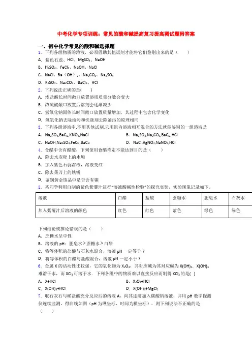 中考化学专项训练：常见的酸和碱提高复习提高测试题附答案