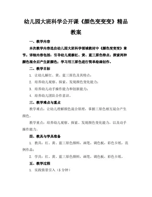 幼儿园大班科学公开课《颜色变变变》精品教案