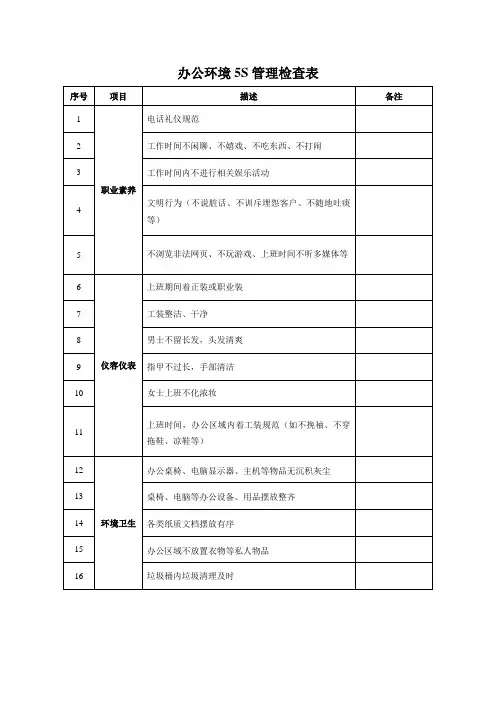 办公环境5S管理检查表