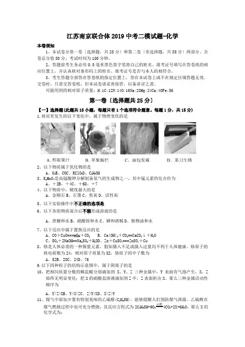 江苏南京联合体2019中考二模试题-化学