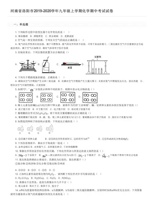 河南省洛阳市2019-2020学年九年级上学期化学期中考试试卷及参考答案