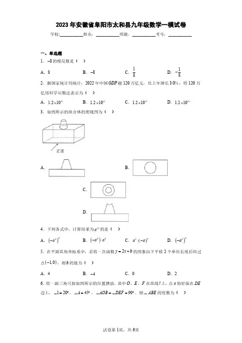 2023年安徽省阜阳市太和县九年级数学一模试卷(含答案解析)