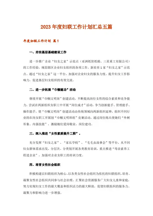 2023年度妇联工作计划汇总五篇