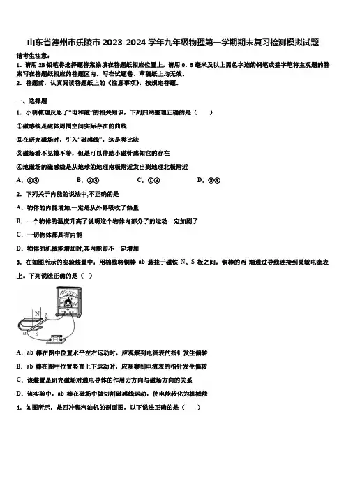 山东省德州市乐陵市2023-2024学年九年级物理第一学期期末复习检测模拟试题(含解析)