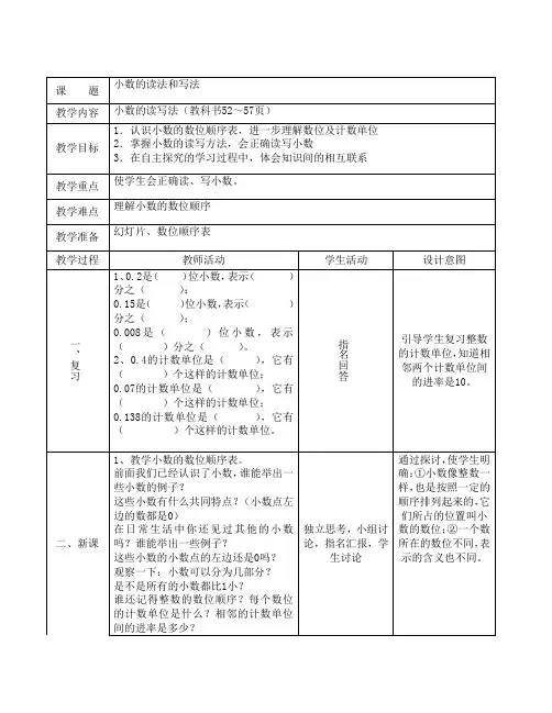 四年级下册(人教版)小数的读法和写法