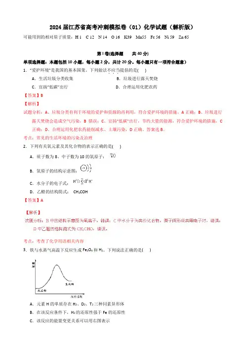 2024届江苏省高考冲刺模拟卷(01)化学试题(解析版)