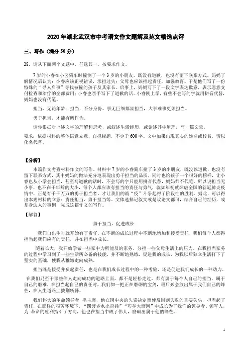 2020年湖北武汉市中考语文作文题解及范文精选点评