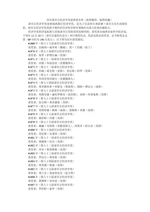 历年诺贝尔经济学奖获得者名单
