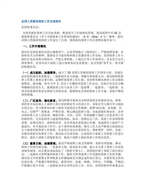 县国土资源局保密工作自查报告