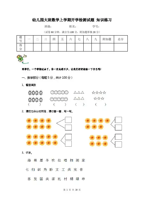 幼儿园大班数学上学期开学检测试题 知识练习