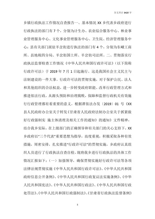 乡镇行政执法工作情况自查报告
