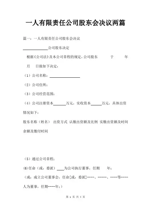 一人有限责任公司股东会决议两篇