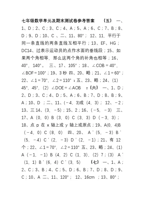人教版七年级数学下册各单元测试题答案汇总
