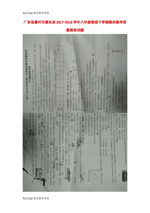 【配套K12】[学习]广东省惠州市惠东县2017-2018学年八年级物理下学期期末教学质量检查试题(