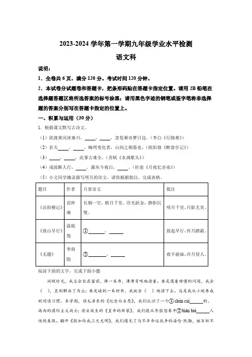 广东省肇庆市四会市2023-2024学年九年级上学期期末语文试题(含解析)