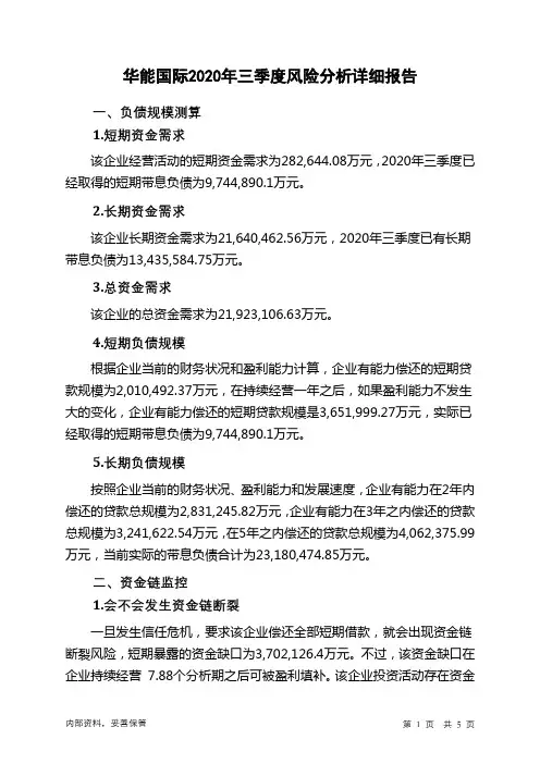 华能国际2020年三季度财务风险分析详细报告