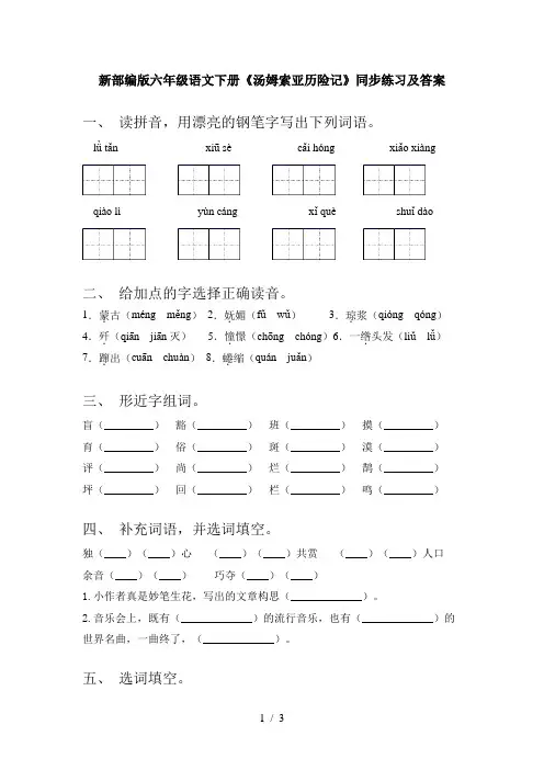 新部编版六年级语文下册《汤姆索亚历险记》同步练习及答案