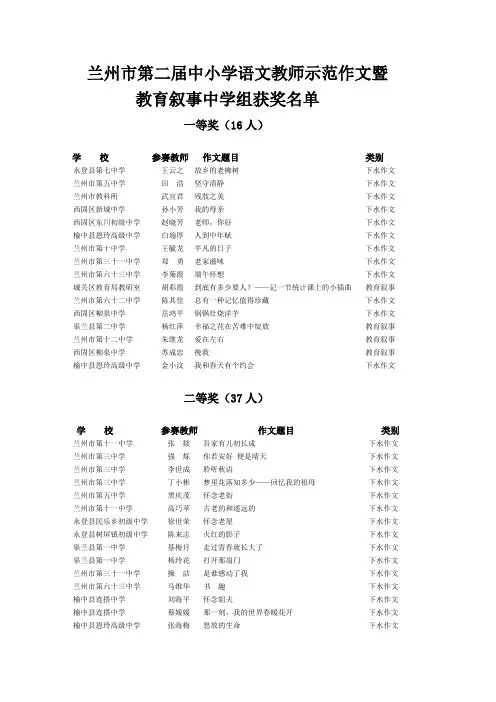 兰州市第二届中小学语文教师示范作文及教育叙事评选结果中学组