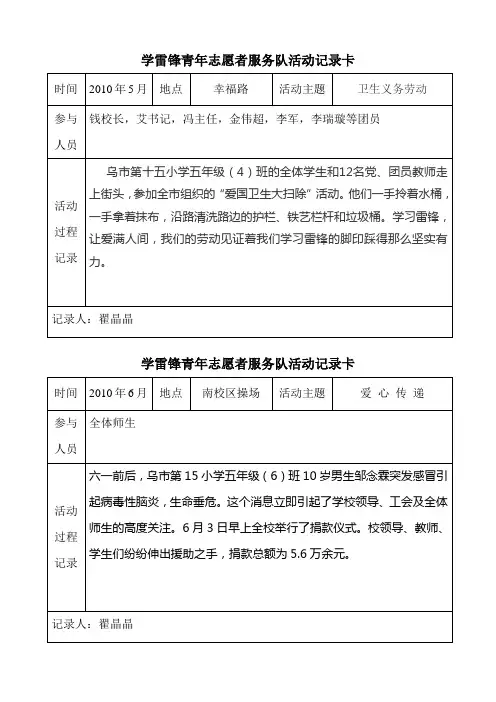 学雷锋青年志愿者服务队活动记录卡