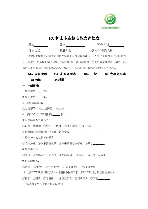 ICU护士专业核心能力评估表