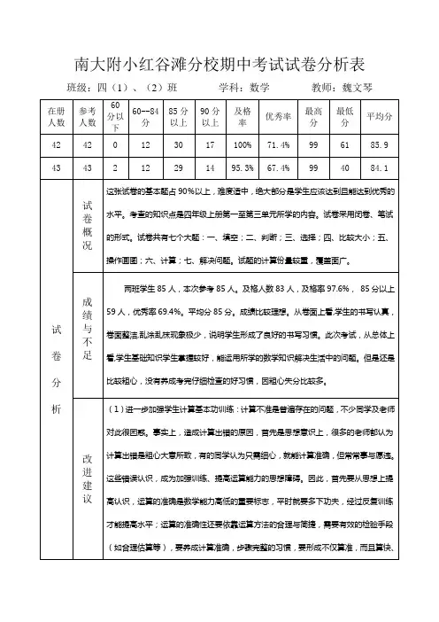 一年级数学期中考试试卷分析表