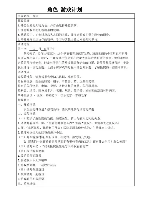 幼儿园班角色演游戏《医院》