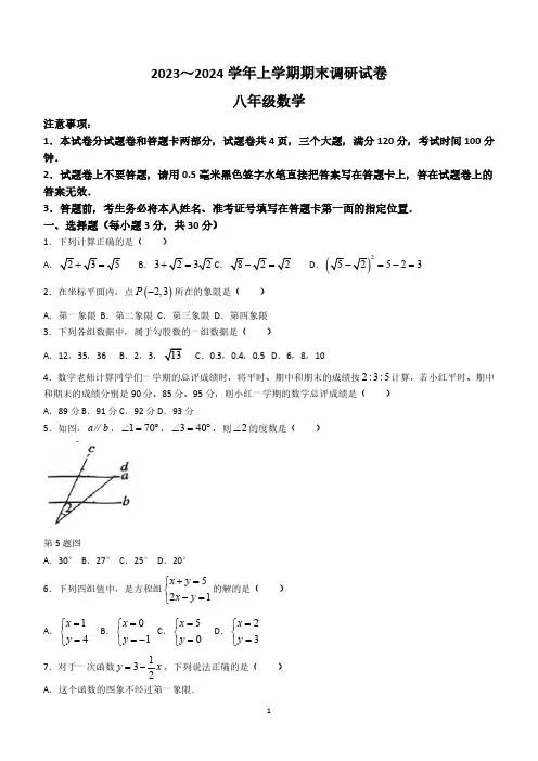 河南省平顶山市鲁山县2023-2024学年八年级上学期期末数学试题(含答案)