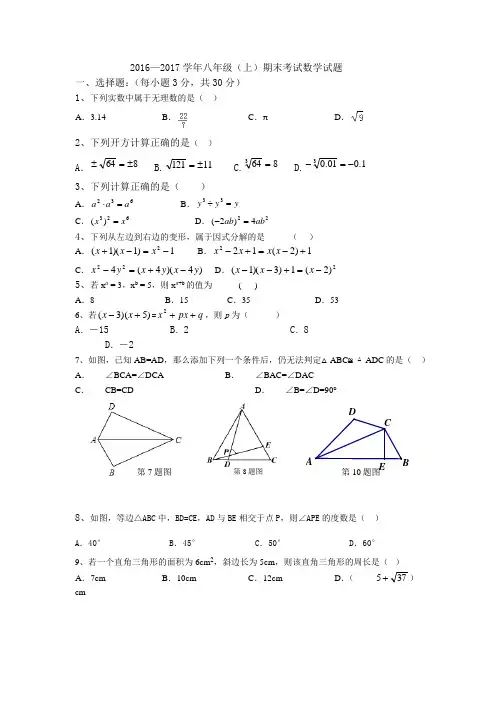 2016—2017学年八年级(上)期末考试数学试题