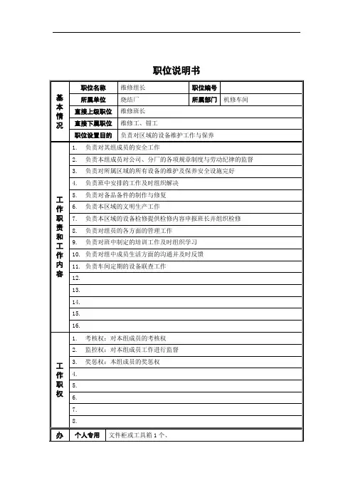 烧结厂维修组长岗位说明书.doc