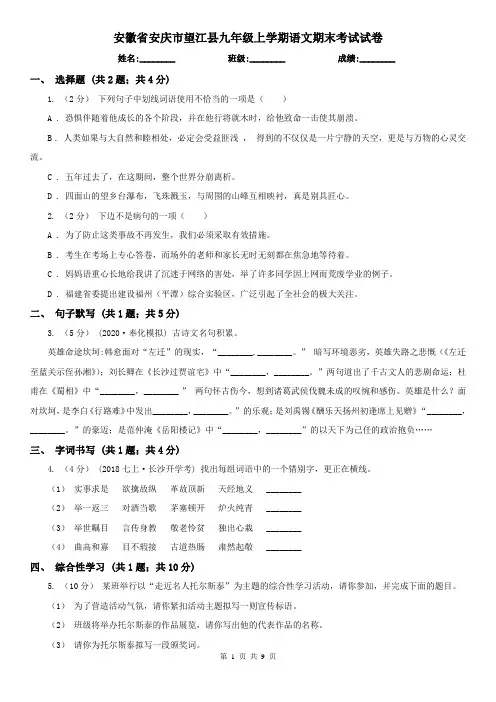 安徽省安庆市望江县九年级上学期语文期末考试试卷