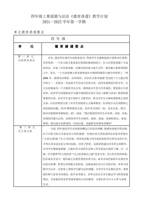 (2021秋)四年级上册道德与法治《德育渗透》教学计划