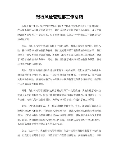 银行风险管理部工作总结