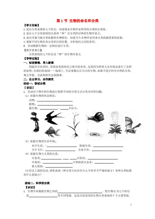 七年级生物下册 第14章 第1节 生物的命名和分类学案2(无答案) 苏科版