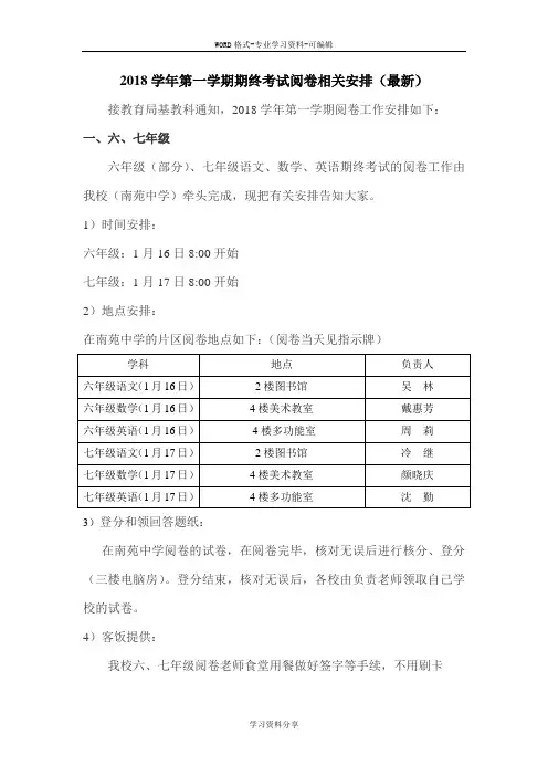 2018学年第一学期期终考试阅卷相关安排(最新)