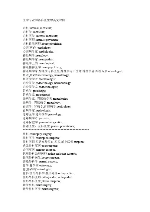 医学各专业中英对照