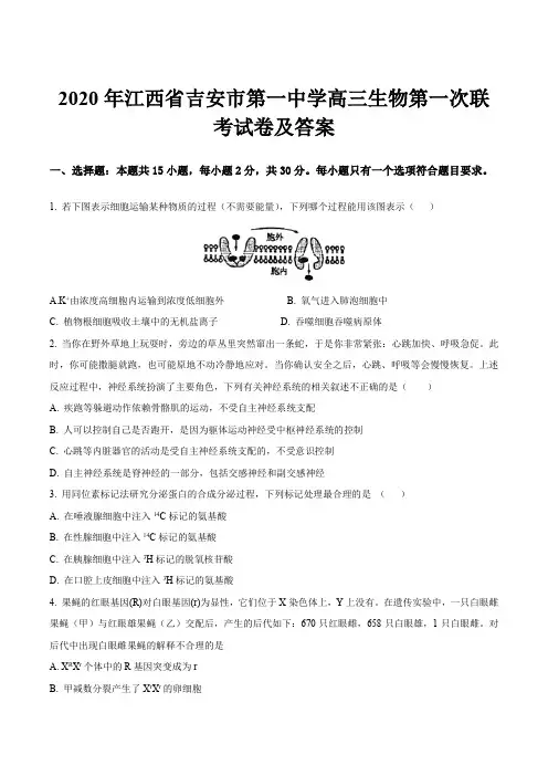 2020年江西省吉安市第一中学高三生物第一次联考试卷及答案