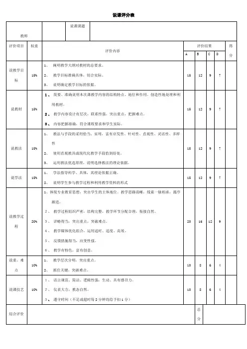 中学历史学科说课评分表
