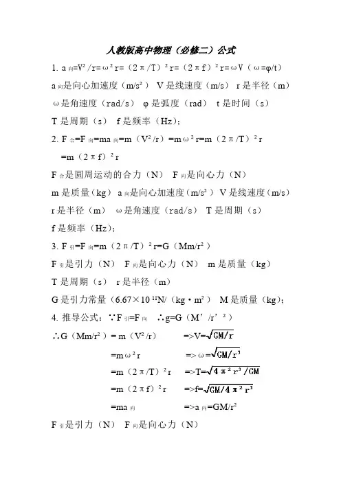 人教版高中物理(必修二)公式