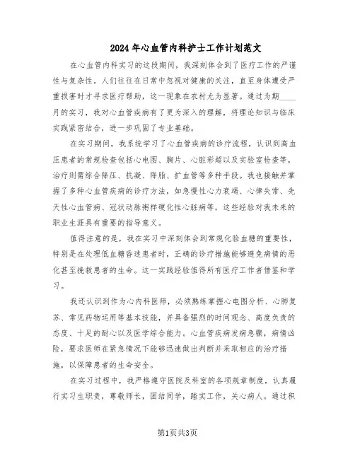 2024年心血管内科护士工作计划范文（二篇）