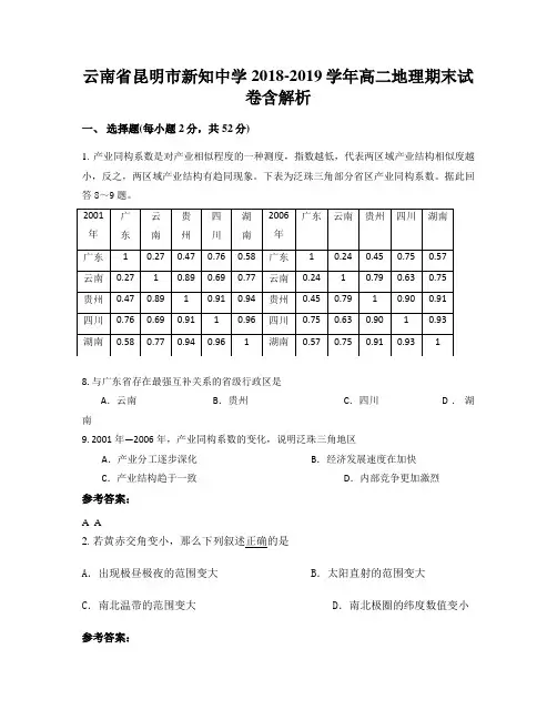 云南省昆明市新知中学2018-2019学年高二地理期末试卷含解析
