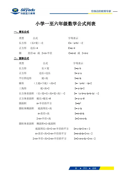 小学一至六年级数学公式列表
