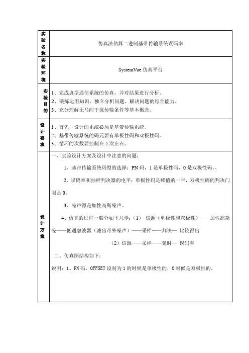 SystemVue仿真法估算二进制基带传输系统误码率 实验报告 跳频(FH)扩频通信系统仿真实验报告