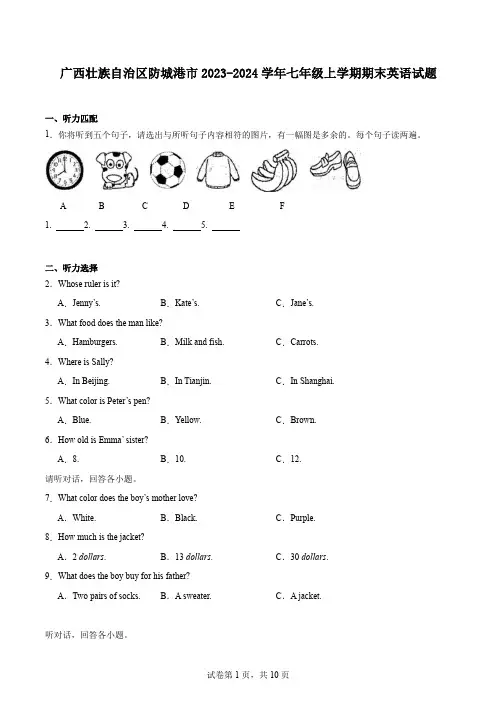 广西壮族自治区防城港市2023-2024学年七年级上学期期末英语试题