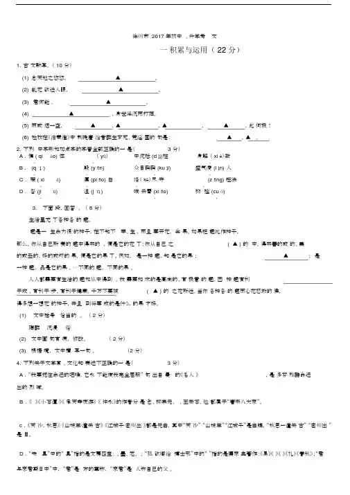 (完整word版)2017徐州中考语文试卷及答案.docx