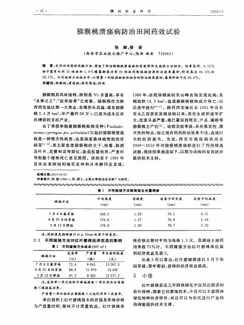 猕猴桃溃疡病防治田间药效试验