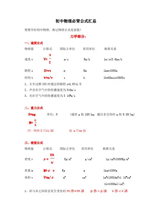 初中物理必背公式汇总