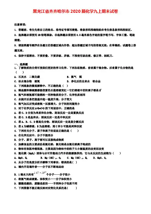 黑龙江省齐齐哈尔市2020届化学九上期末试卷
